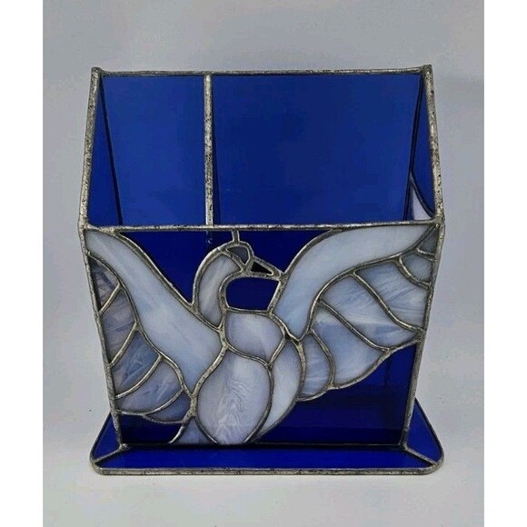 Hand Crafted Sturdy Stained Glass Blue and Milky White Translucent Glass, RH 84 - Picture 1 of 11